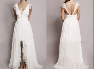 Ivory Lace Boho Wedding Dress 2021 High Low Summer Beach Wedding Dress Cap Sleeves V Neck Bridal Gowns,314