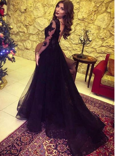 Black Side Split Long Sleeve Prom Dresses Lace Appliques Long Party Gowns Sexy Sheer Neck Prom Dress,315