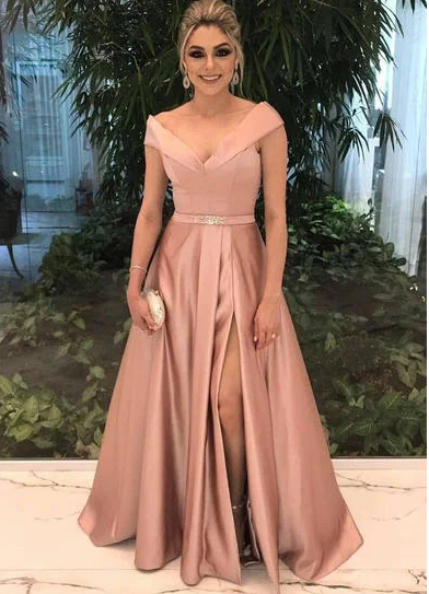 Sleeveless A-Line/Princess Chic Satin Prom Dresses,V neck Evening Dresses,Cheap Prom Dresses,329