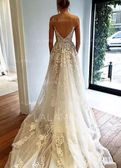 Chic Deep V Neck A-Line/Princess Wedding Dresses Court Train Tulle Sleeveless,336