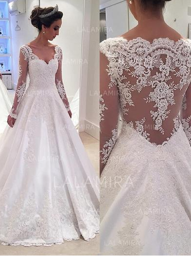 Ball-Gown V-neck Court Train Satin Lace Wedding Dresses,Floor Length Bridal Gowns,Lace Appliques Wedding Dresses,337