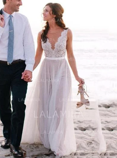 A-Line/Princess V-neck Sweep Train Tulle Wedding Dresses,338