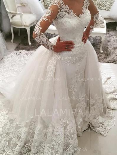 Ball-Gown Tulle Long Sleeves V-neck Cathedral Train Wedding Dresses,341