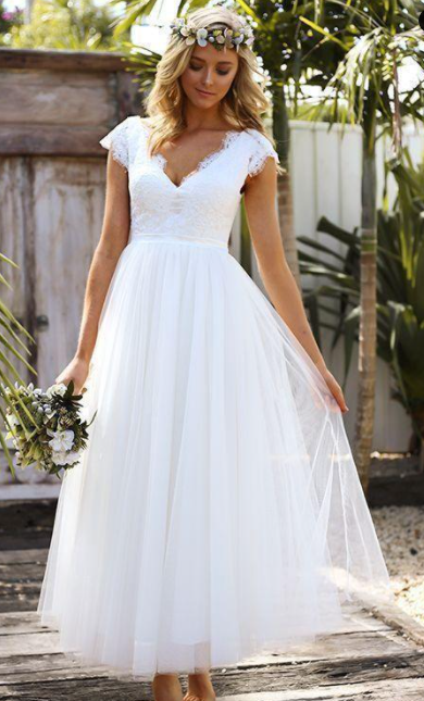 Vintage Lace Boho Wedding Dresses V Neck Ankle Length Beach Wedding Dress Cap Sleeves Bridal Gowns,342