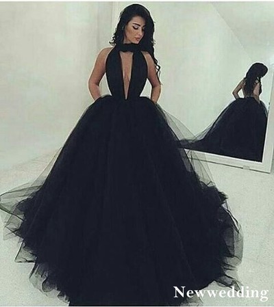 Deep V Neck Backless Prom Dresses Princess Ball Gown Party Gowns Sexy High Neck Long Evening Dress,344