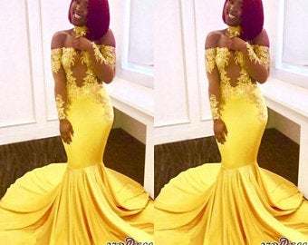 Yellow Lace Long Sleeves Prom Dresses For Black Girls 2021 Appliques Mermaid Evening Dress African Style Sheer Neck Plus Size Party Gowns,353