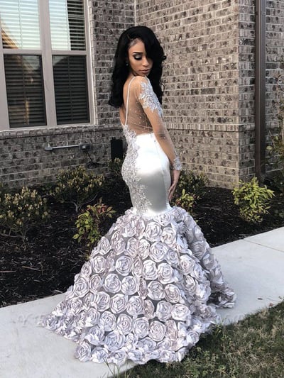 Unique Mermaid Boat Neck V Back Long Sleeved Silver Satin Long Prom Dresses with Appliques Flowers,Formal Evening Party Dresses,354