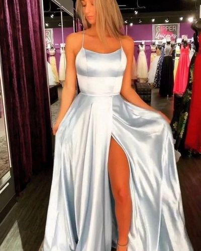 A Line Scoop Neck Straps Satin Long Prom Dresses with Split