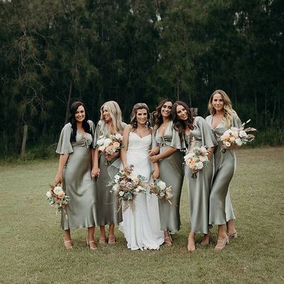 Romantic olive green silk satin long bridesmaid dresses with sleeves - Thumbnail 1