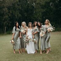 Romantic Olive Green Silk Satin Long Bridesmaid Dresses with Sleeves - Thumbnail 1