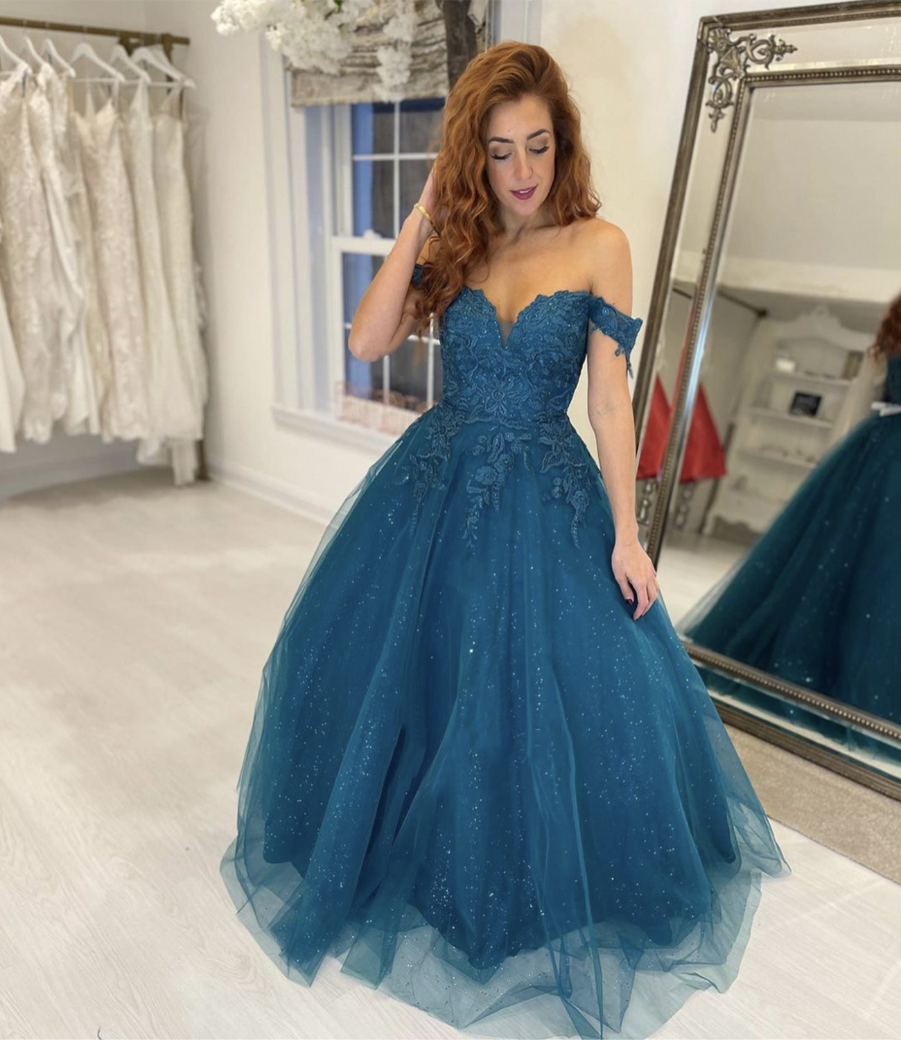 Blue tulle lace long ball gown dress formal dress