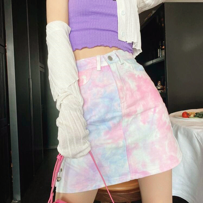 High Waist Gradient Pastel Color Block Denim Split Skirt