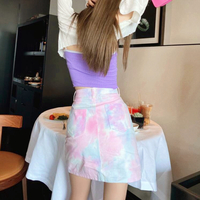 High Waist Gradient Pastel Color Block Denim Split Skirt - Thumbnail 4