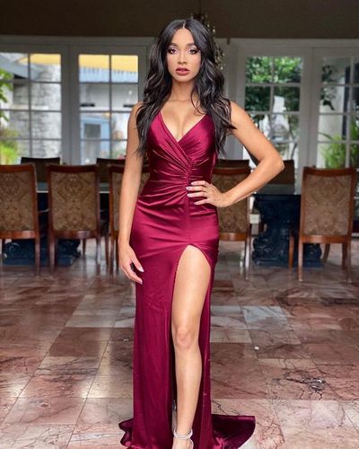 Sexy Sheath V Neck Burgundy Prom Dress with Split Front