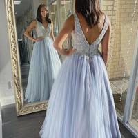 Charming A Line Deep V Neck Long Prom Party Dress with Appliques - Thumbnail 1