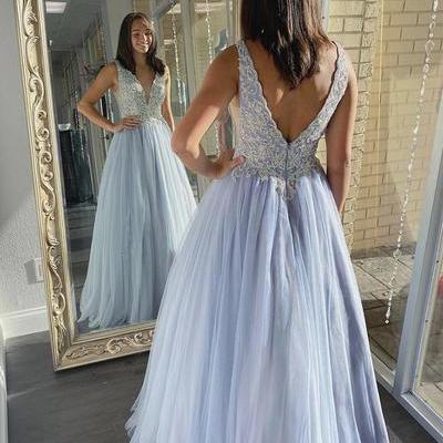 Charming a line deep v neck long prom party dress with appliques - Thumbnail 4