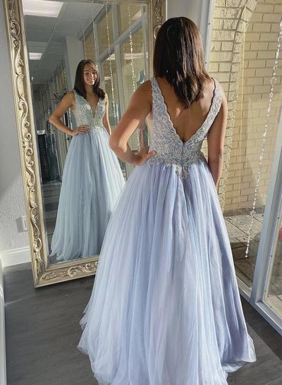 Charming A Line Deep V Neck Long Prom Party Dress with Appliques