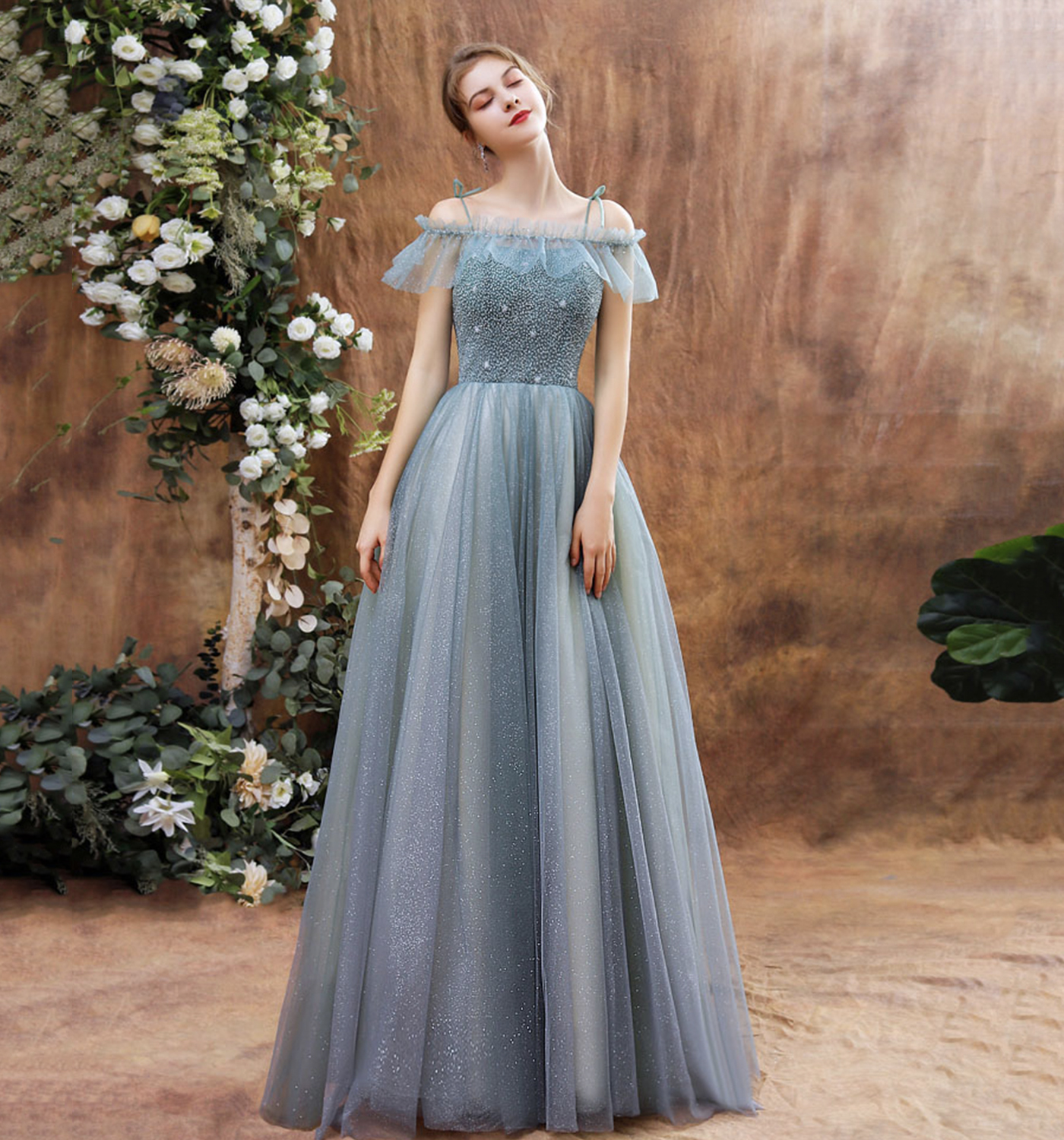 Shiny tulle beads long prom dress blue evening dress