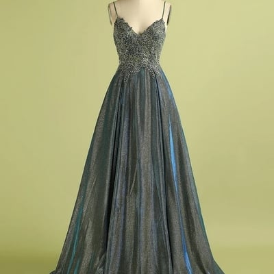 Sequins a line prom dress custom spaghetti straps evening - Thumbnail 5