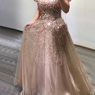 Beading tulle a line prom dress custom evening dress with sleeve - Thumbnail 5