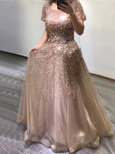 Beading Tulle A Line Prom Dress Custom Evening Dress With Sleeve