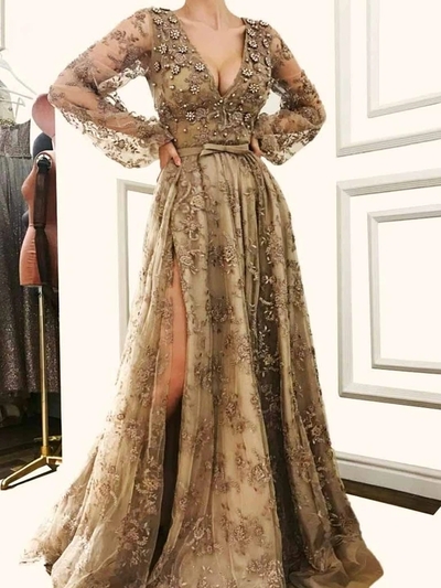 Lace Long Sleeve V Neck Prom Dress Vintage Custom Evening Dress