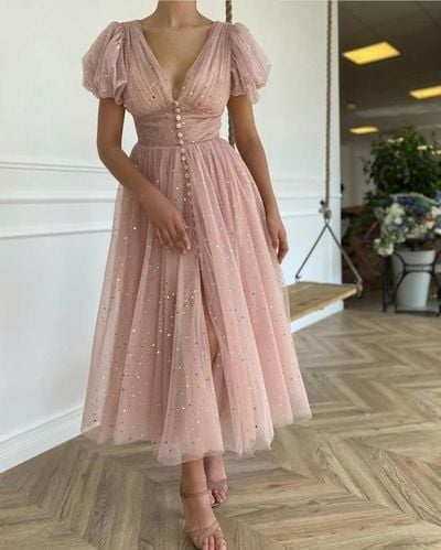 Custom Made Blush Pink Tulle Ankle Length Prom Evening Dresses,Starry Night Gown,917