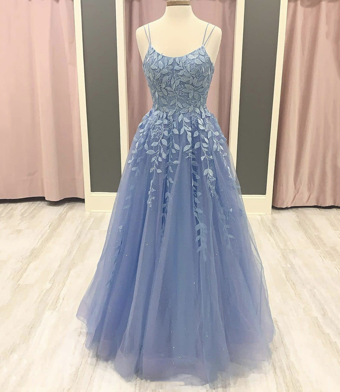 Blue lace long A line prom dress blue evening dress