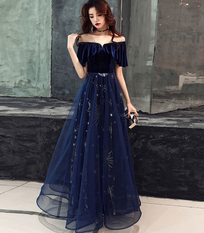 Dark blue tulle lace long prom dress, blue evening dress,365