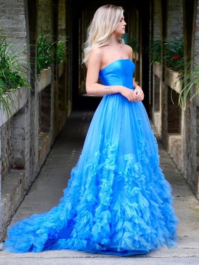 Strapless Embellished Ball Gown Blue Prom Dress Vintage Prom Dresses