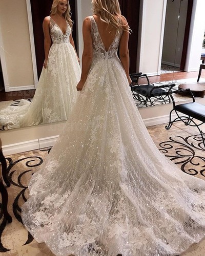 V-Neck Lace Wedding Dresses,Wedding Dress,Custom Made Wedding Gown,381