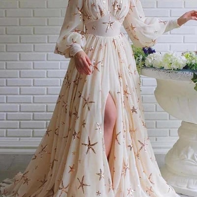 Chic long sleeve prom dress a line chiffon stars prom dresses with slit - Thumbnail 3