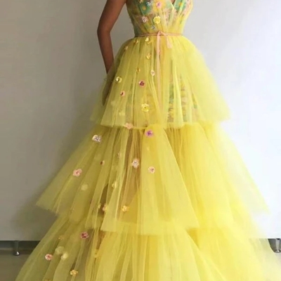 Yellow tulle prom dress v neck 3d flower vintage evening dress  - Thumbnail 5