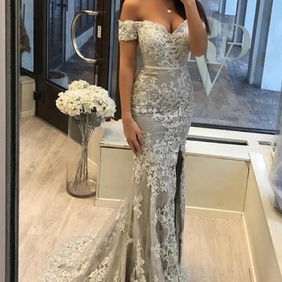 Mermaid lace prom dress off the shoulder sexy evening dress with slit - Thumbnail 4