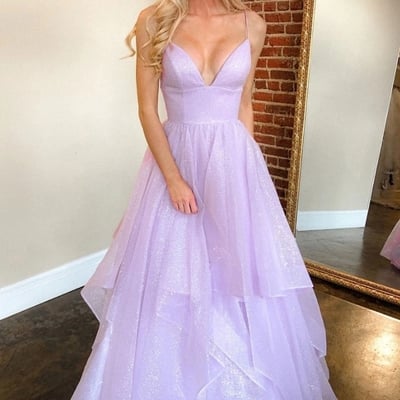 Glitter a-line v neck lilac sparkly tulle prom dress custom evening gown - Thumbnail 4