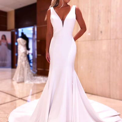 Mermaid v neck soft satin long wedding dresses with buttons - Thumbnail 2