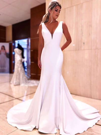 Mermaid V Neck Soft Satin Long Wedding Dresses with buttons