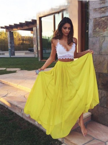 Sexy Two piece White Top Yellow Skirt V-neck Sleeveless Chiffon Long Prom/Evening Dress,395