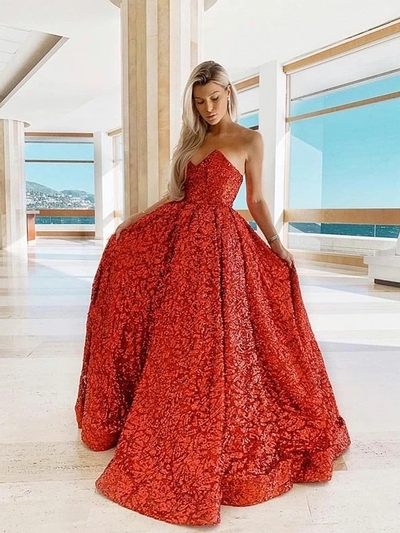 Vintage Red Sequins Prom Dress Ball Gown African Evening Dress