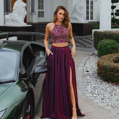 Charming Two Piece Long Prom Dresses Purple Satin Long Formal Dresses with Appliques