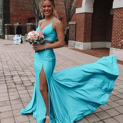 Two piece prom dresses long pool satin evening dresses with side slit - Thumbnail 5