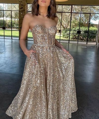Glitter Sweetheart Gold Sequin Prom Dresses with Pockets