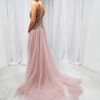 Charming Beaded Prom Dresses V Neck Blush Pink Tulle Evening Formal Dresses - Thumbnail 1