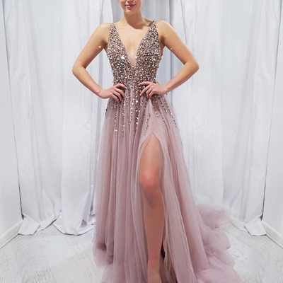 Charming beaded prom dresses v neck blush pink tulle evening formal dresses - Thumbnail 3