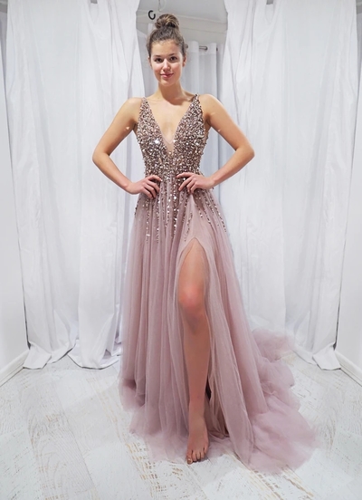 Charming Beaded Prom Dresses V Neck Blush Pink Tulle Evening Formal Dresses