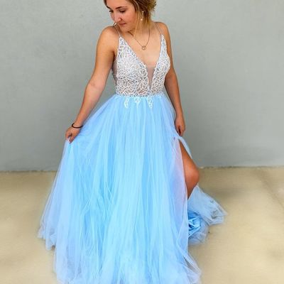 Cute v neck blue tulle beading prom dresses for junior with split - Thumbnail 3
