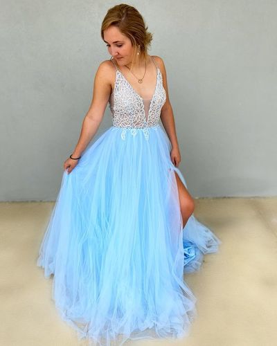 Cute V Neck Blue Tulle Beading Prom Dresses for Junior with Split