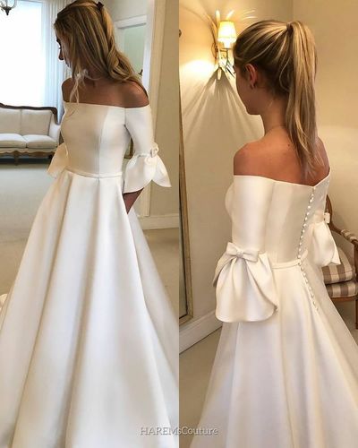 Ball Gown Off the Shoulder Half Sleeves Satin Long Wedding Dresses with Pockets