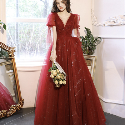 Burgundy tulle long a line prom dress fashion dress - Thumbnail 3