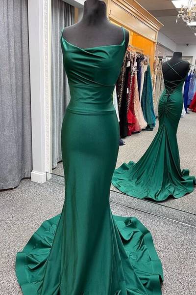 Mermaid Dark Green Cross Back Prom Dresses Formal Dress